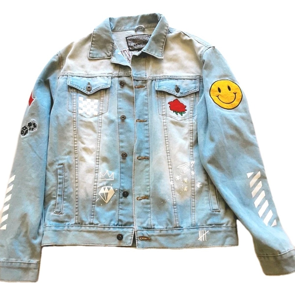 Blue Jean Denim Jacket 70s Style Peace Love Smiley Rose Nice Day Sz Large